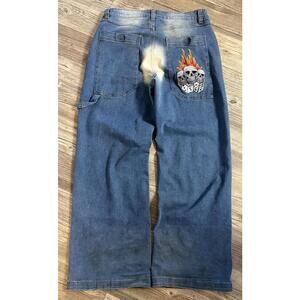 Hot Topic Embroidered Skull Washed Indigo wide-leg jeans 32x32